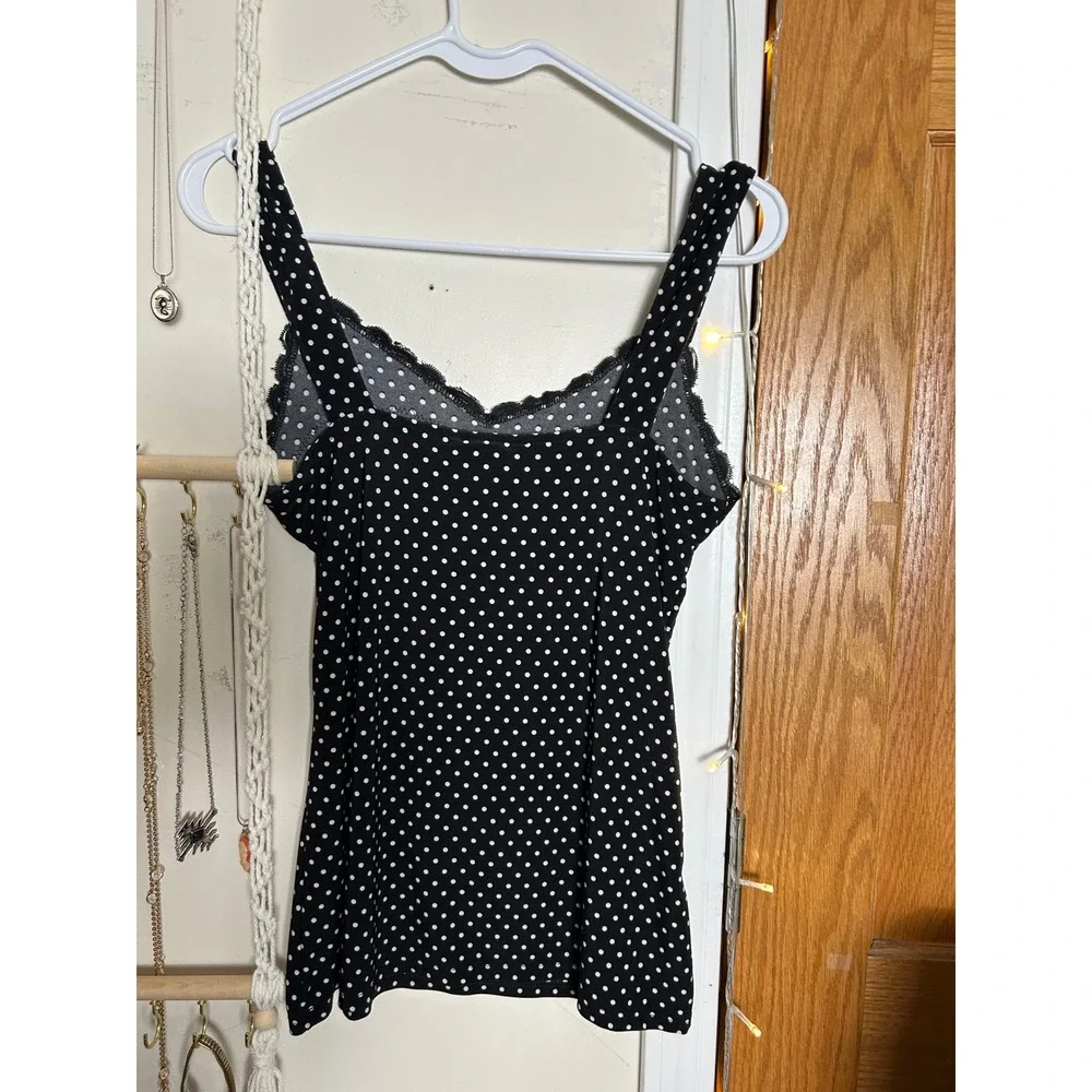 Y2K Polka Dot Lace Trim Tank Top‎ Black White Small Coquette Pin Up Summer Chic